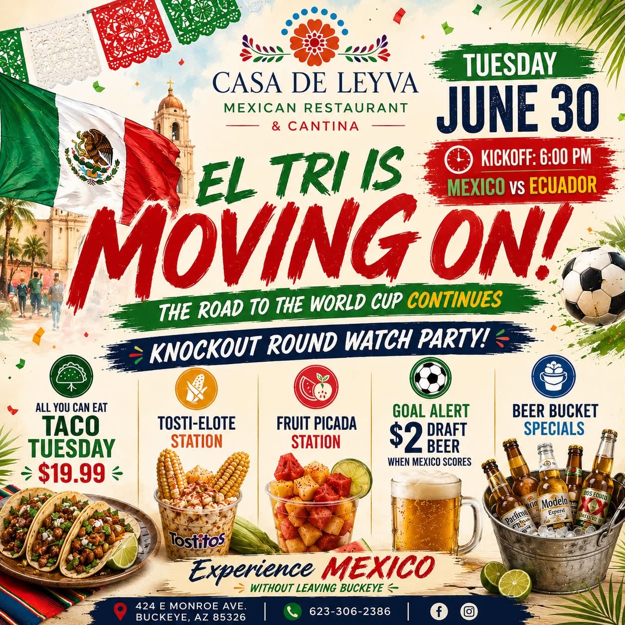 El Tri is moving on — México vs Ecuador Knockout Round World Cup watch party, Tuesday June 30, kickoff 6PM, $2 draft beer when México scores, all-you-can-eat Taco Tuesday $19.99